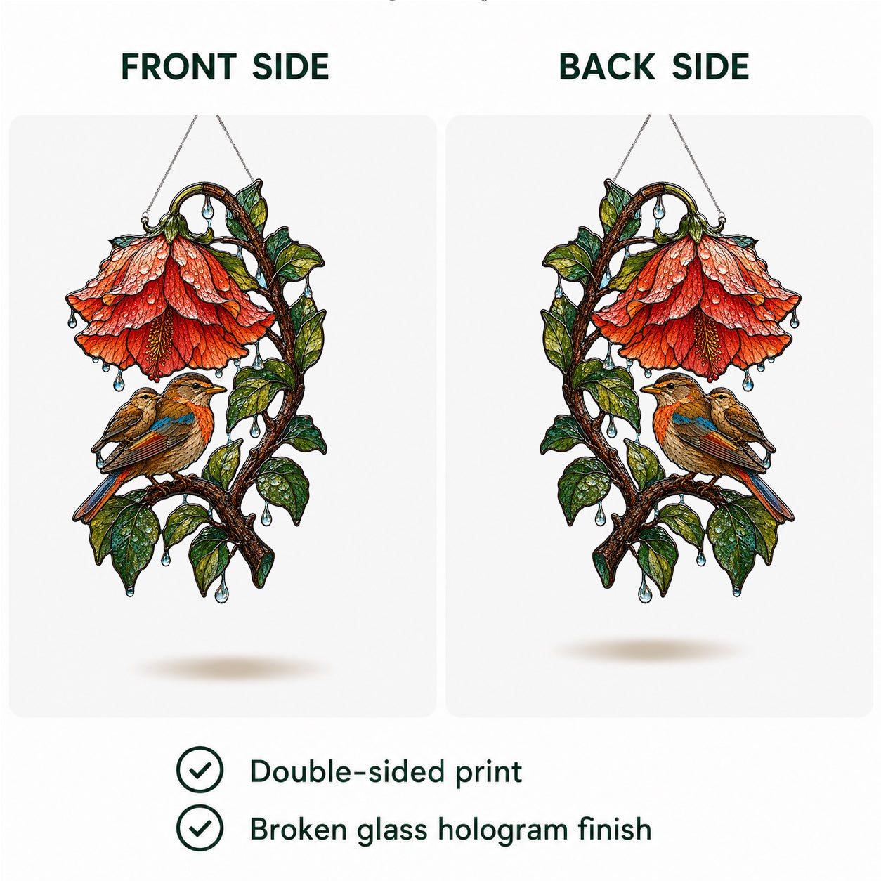 Robin & Red Hibiscus Holographic Acrylic Suncatcher