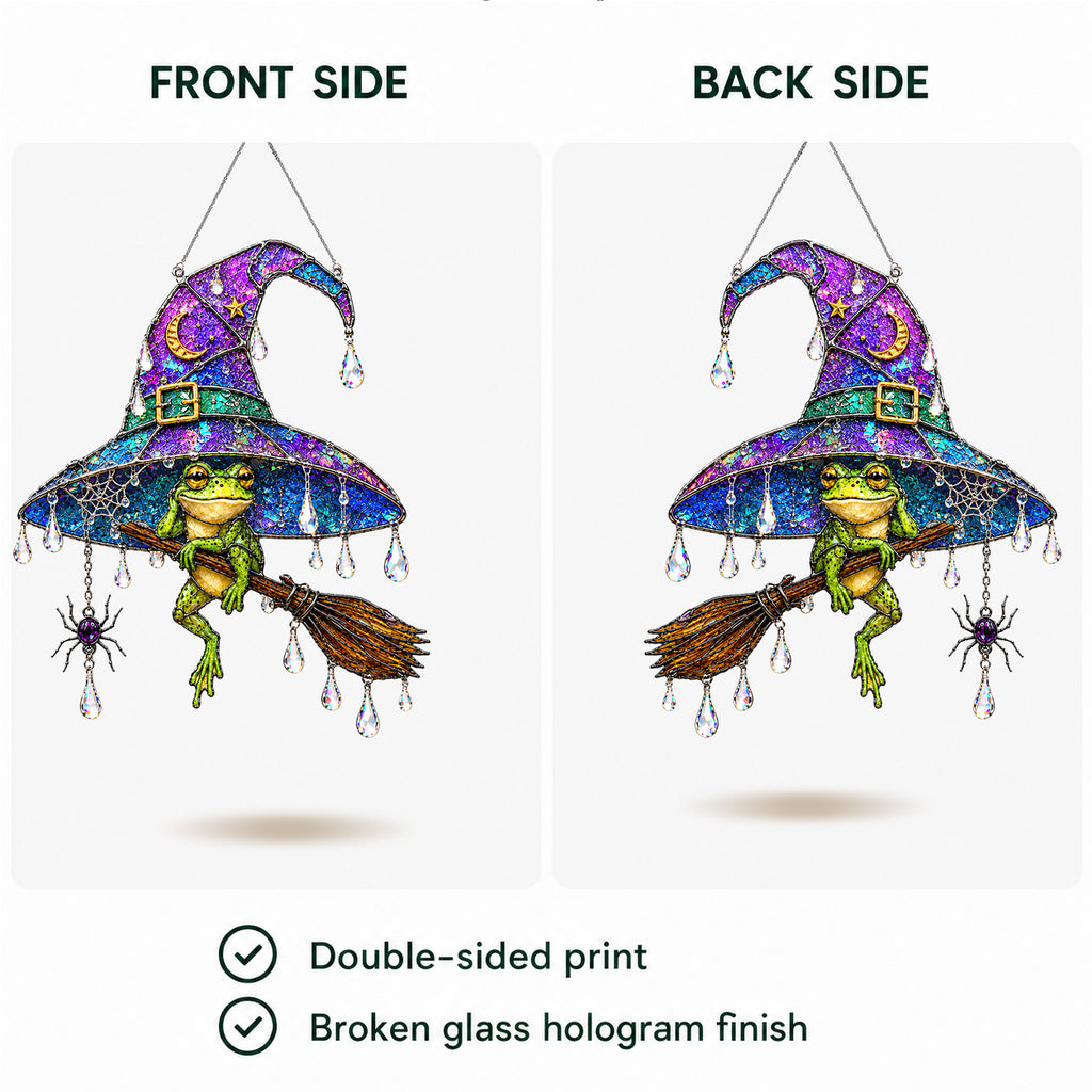 Witch Hat Frog & Broomstick Holographic Acrylic Suncatcher