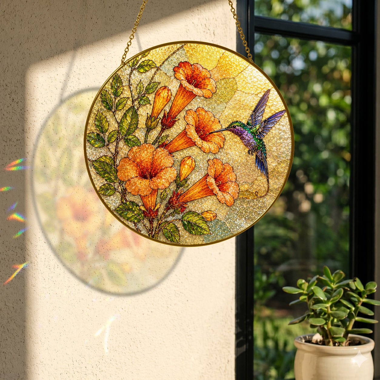 Hummingbird & Trumpet Flower Stained Glass Suncatcher