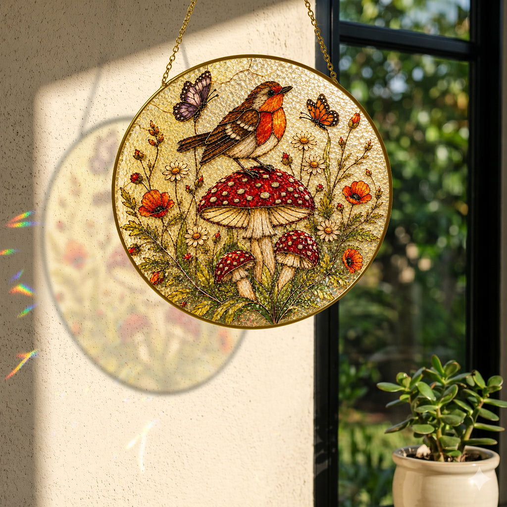 Robin & Mushroom Stained Glass Suncatcher