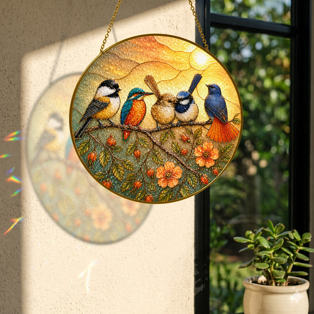 Colorful Birds on a Branch Stained Glass Suncatcher