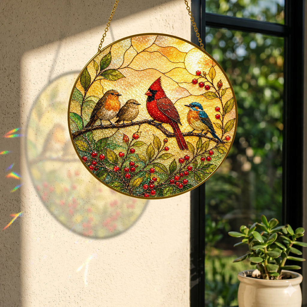 Cardinal & Songbirds Stained Glass Suncatcher
