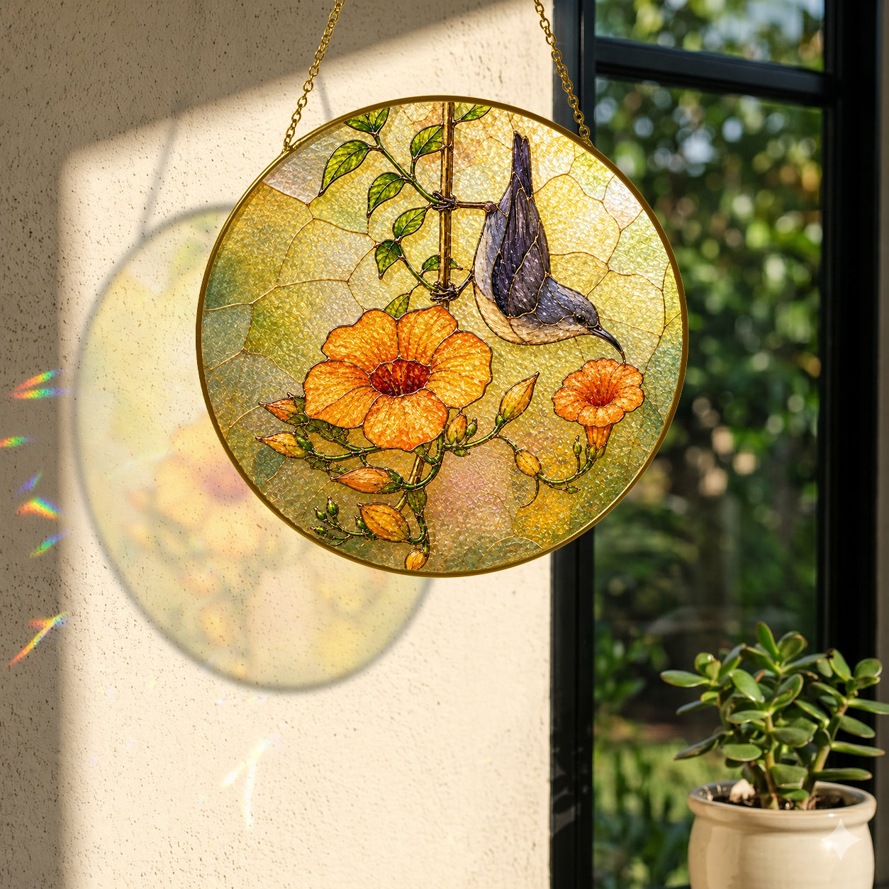 Nuthatch & Trumpet Flower Stained Glass Suncatcher