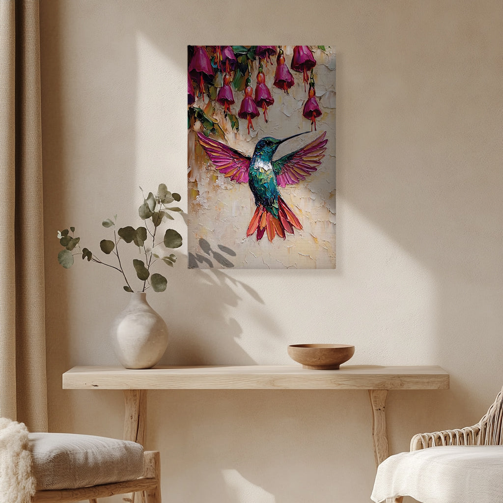 Hummingbird Canvas Wall Art Colorful Painting with Pink Flowers