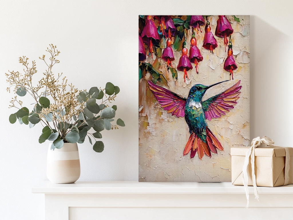 Hummingbird Canvas Wall Art Colorful Painting with Pink Flowers