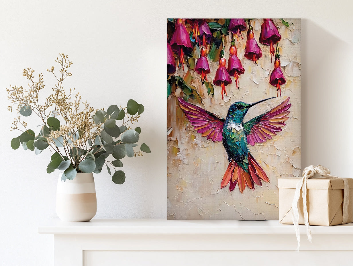 Hummingbird Canvas Wall Art Colorful Painting with Pink Flowers