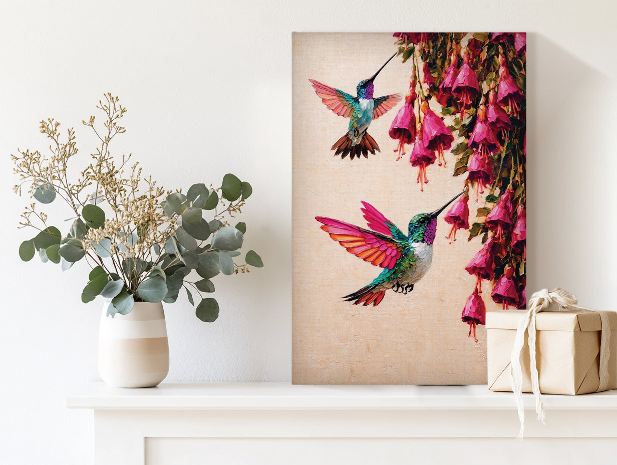Canvas Wall Art Colorful Hummingbird Painting with Pink Flowers