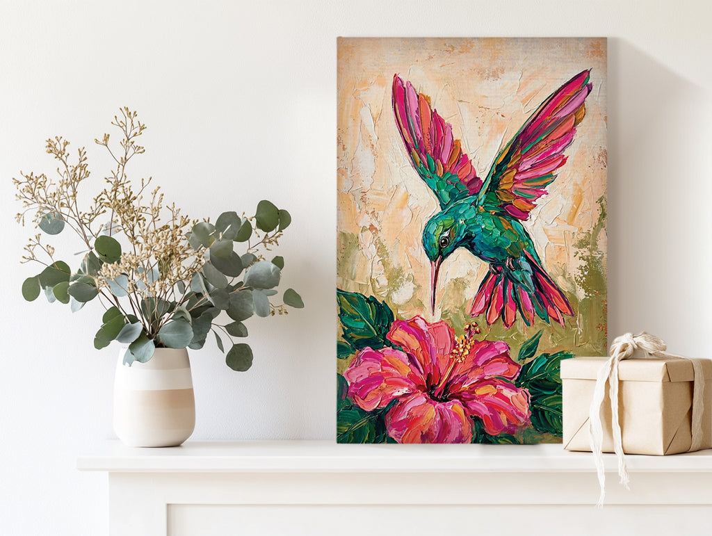 Hummingbird Canvas Wall Art Colorful Painting with Flower, Botanical Bird Prints for Living Room Bedroom Office