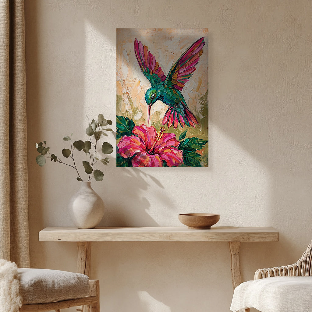 Hummingbird Canvas Wall Art Colorful Painting with Flower, Botanical Bird Prints for Living Room Bedroom Office