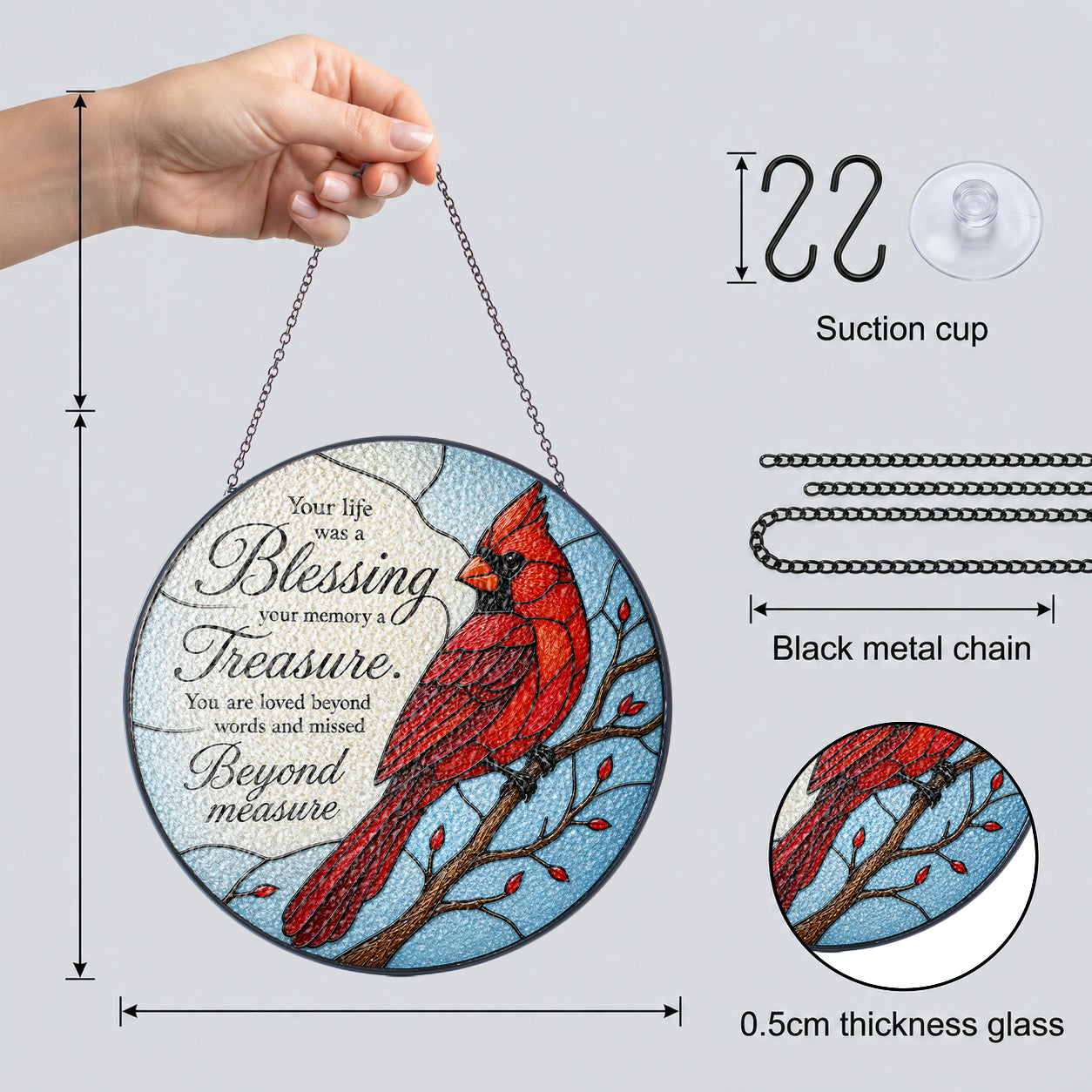 Cardinal Memorial "Your Life Was a Blessing" Stained Glass Suncatcher