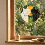 Cuddling cats stained glass suncatcher, handcrafted gold-framed suncatcher