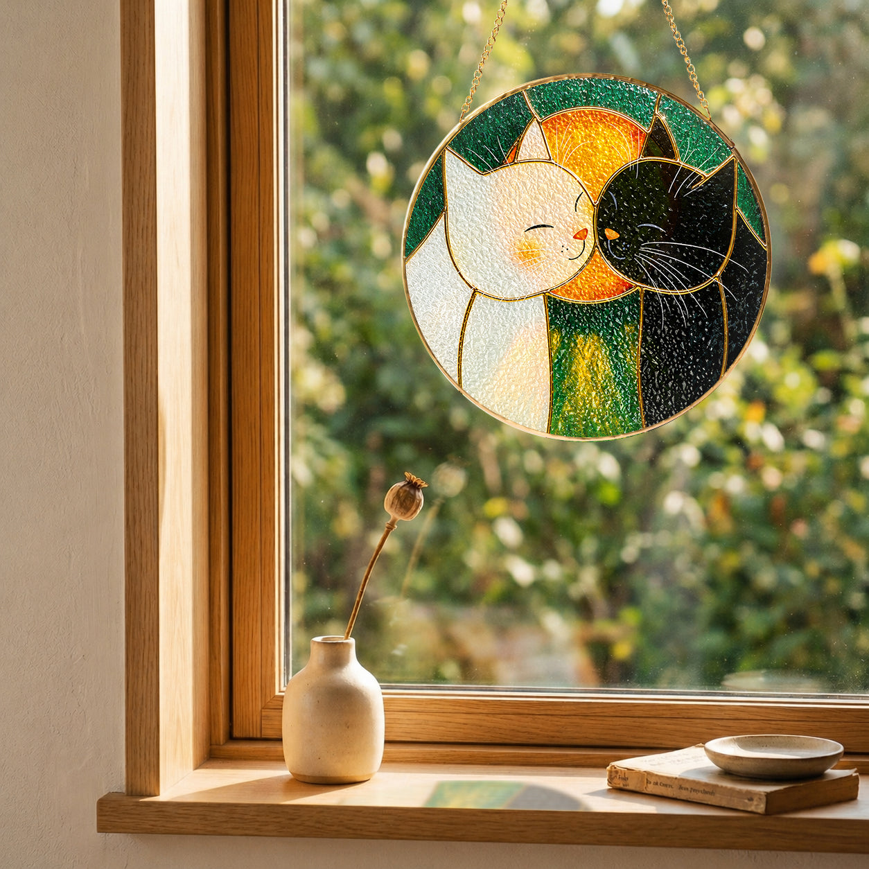 Cuddling cats stained glass suncatcher, handcrafted gold-framed suncatcher