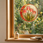 Pink tulip stained glass suncatcher, handcrafted gold-framed suncatcher