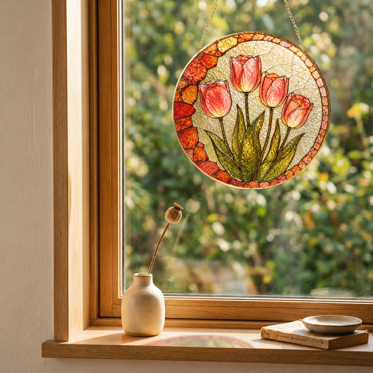 Pink tulip stained glass suncatcher, handcrafted gold-framed suncatcher