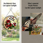 Real glass rose suncatcher compared with acrylic, glass captures sunlight