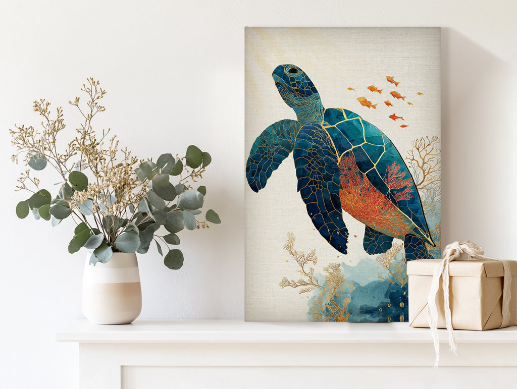 Sea Turtle Canvas Wall Art with Coral Reef and Gold Line Design