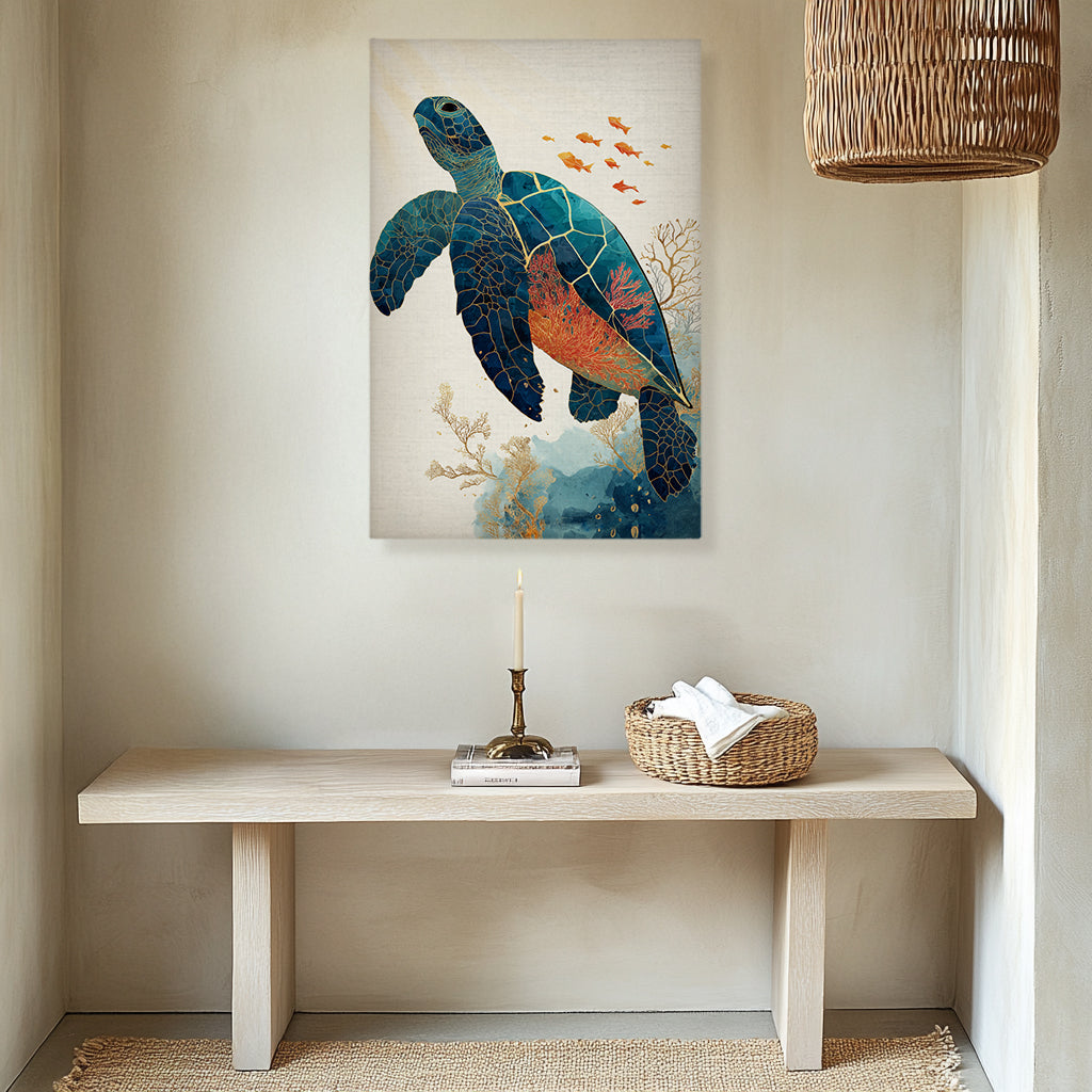 Sea Turtle Canvas Wall Art with Coral Reef and Gold Line Design