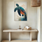 Sea Turtle Canvas Wall Art with Coral Reef and Gold Line Design