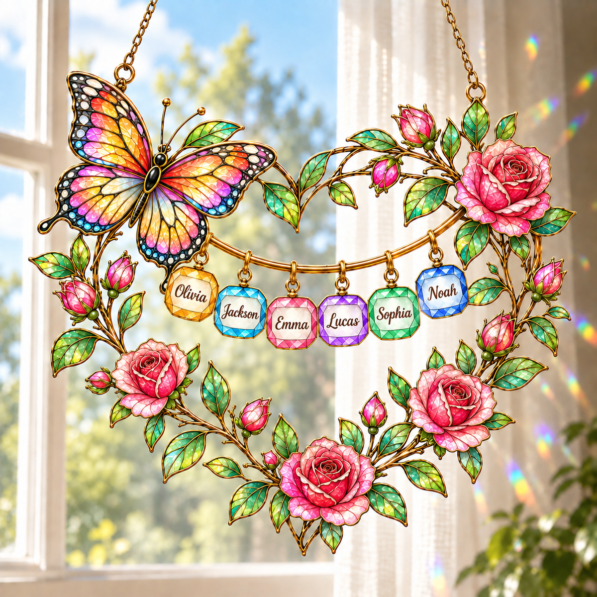 Personalized Grandma Butterfly Rose Heart Wreath Holographic Acrylic Suncatcher
