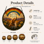 Personalized Pet Memorial Rainbow Bridge Suncatcher product details with size guide, stained glass material, hanging chain and window display for dog or cat remembrance gift