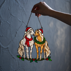 Horse Pair in Santa Hats with Wreath Holographic Acrylic Suncatcher