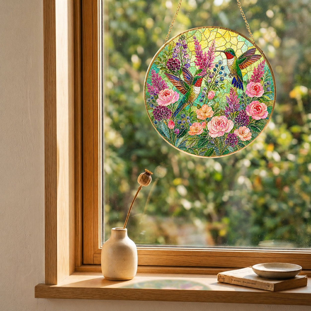 Hummingbird Floral Stained Glass Suncatcher