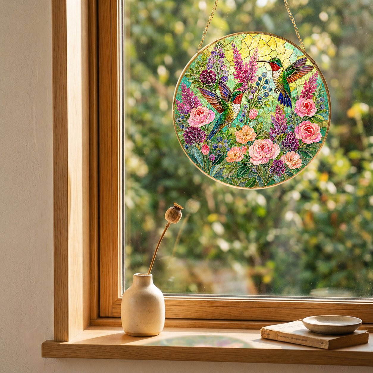 Hummingbird Floral Stained Glass Suncatcher