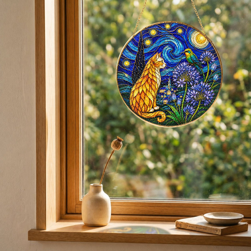 Starry Night Cat Stained Glass Suncatcher