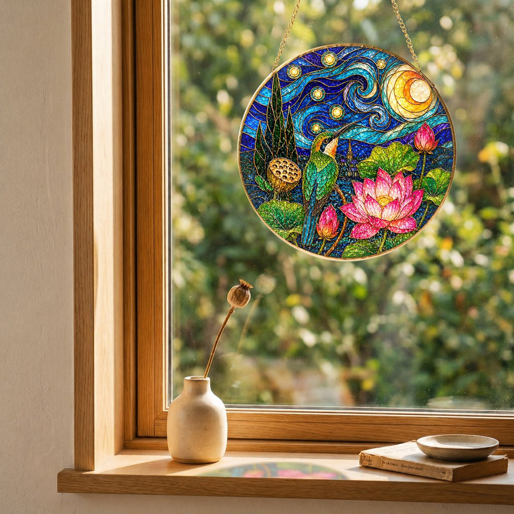 Hummingbird Lotus Stained Glass Suncatcher