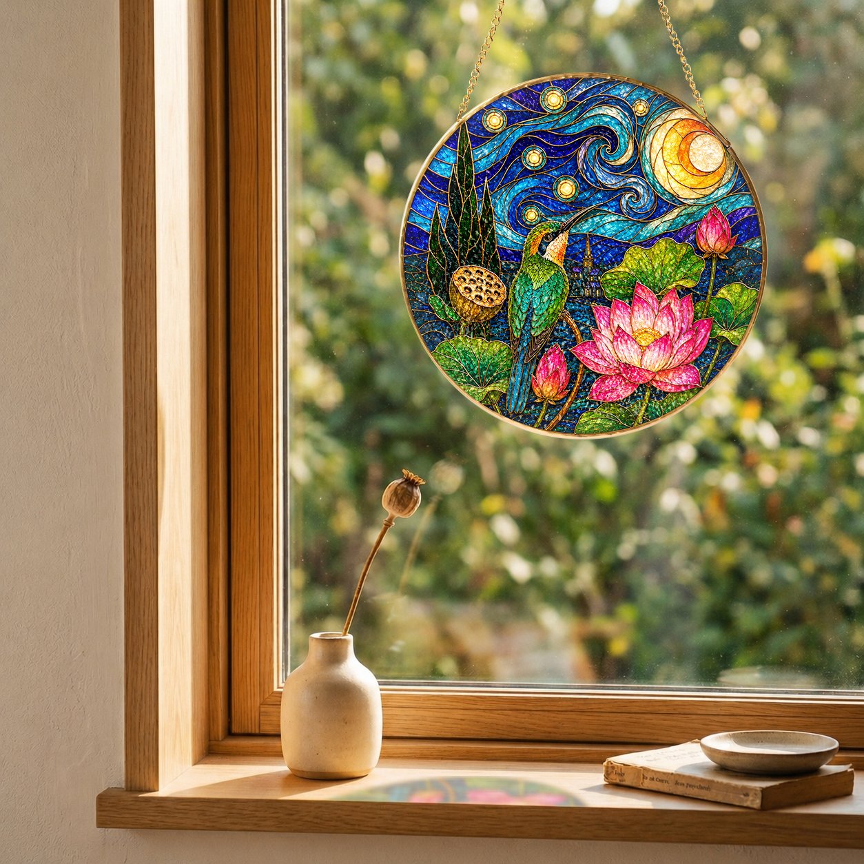 Hummingbird Lotus Stained Glass Suncatcher