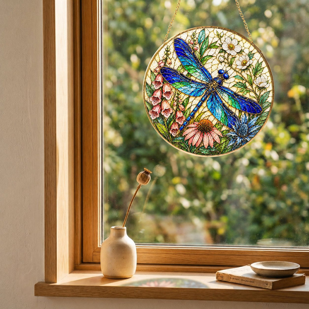 Dragonfly Floral Stained Glass Suncatcher