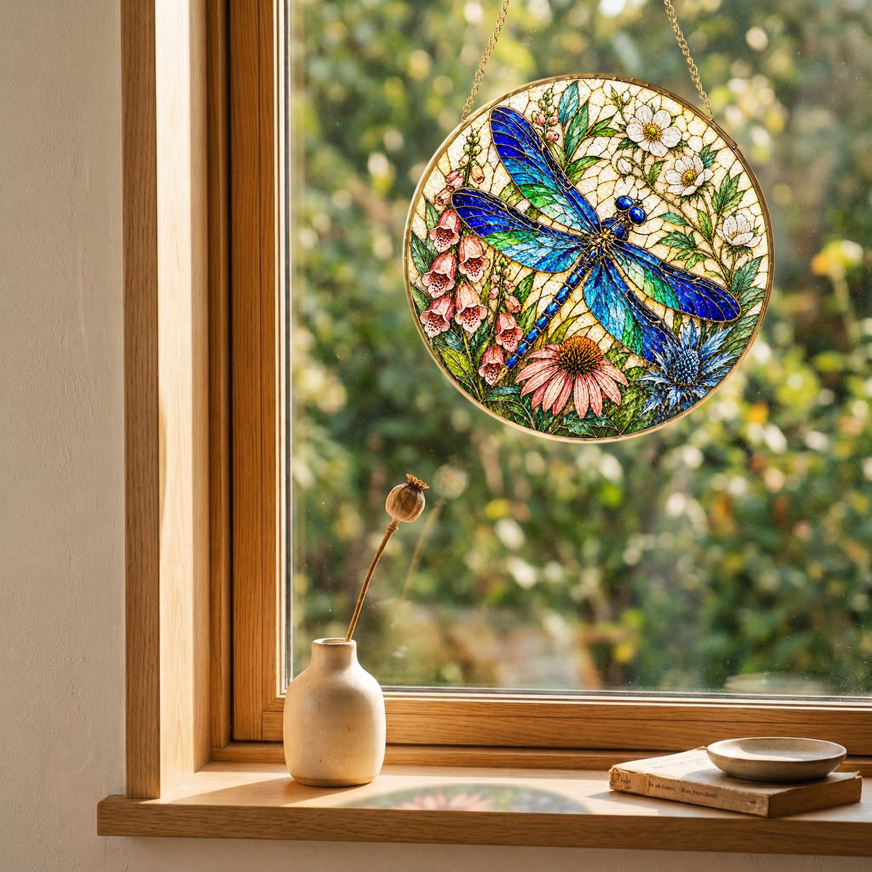 Dragonfly Floral Stained Glass Suncatcher