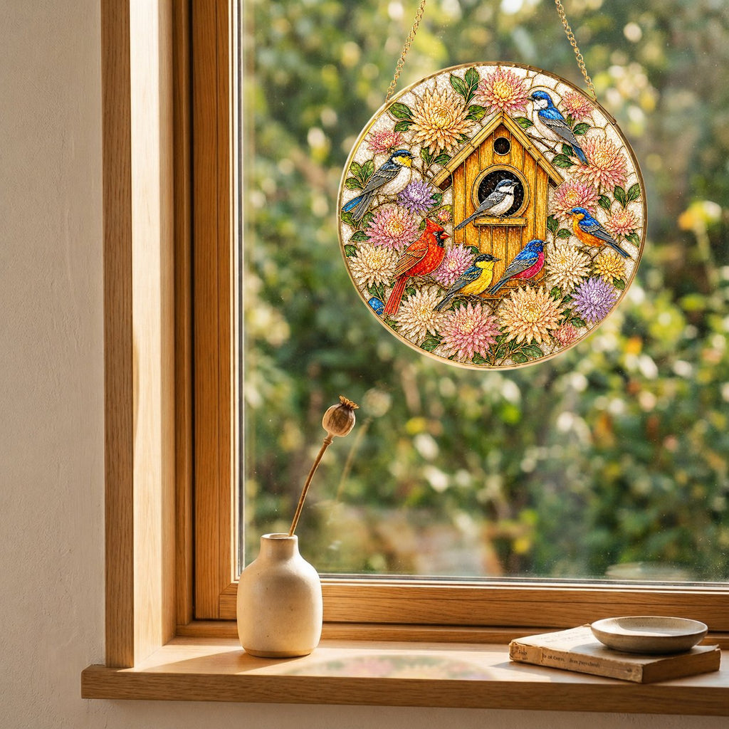 Birdhouse Birds Stained Glass Suncatcher
