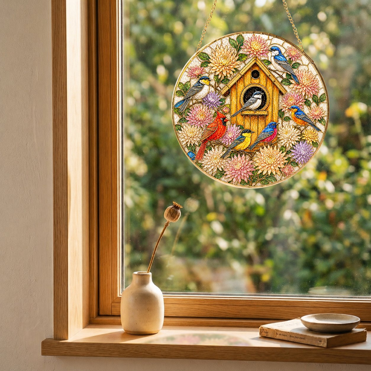 Birdhouse Birds Stained Glass Suncatcher