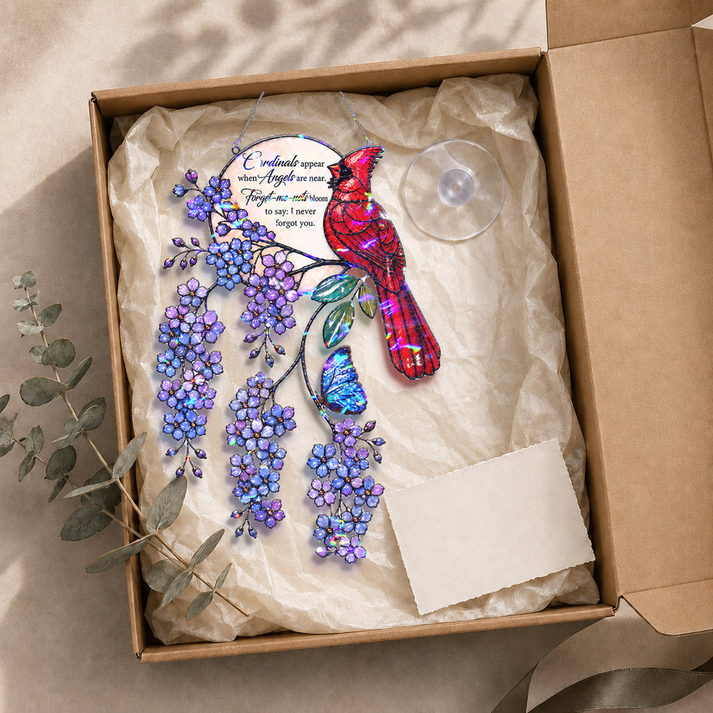 Cardinal & Forget-Me-Not Memorial Moon Holographic Acrylic Suncatcher