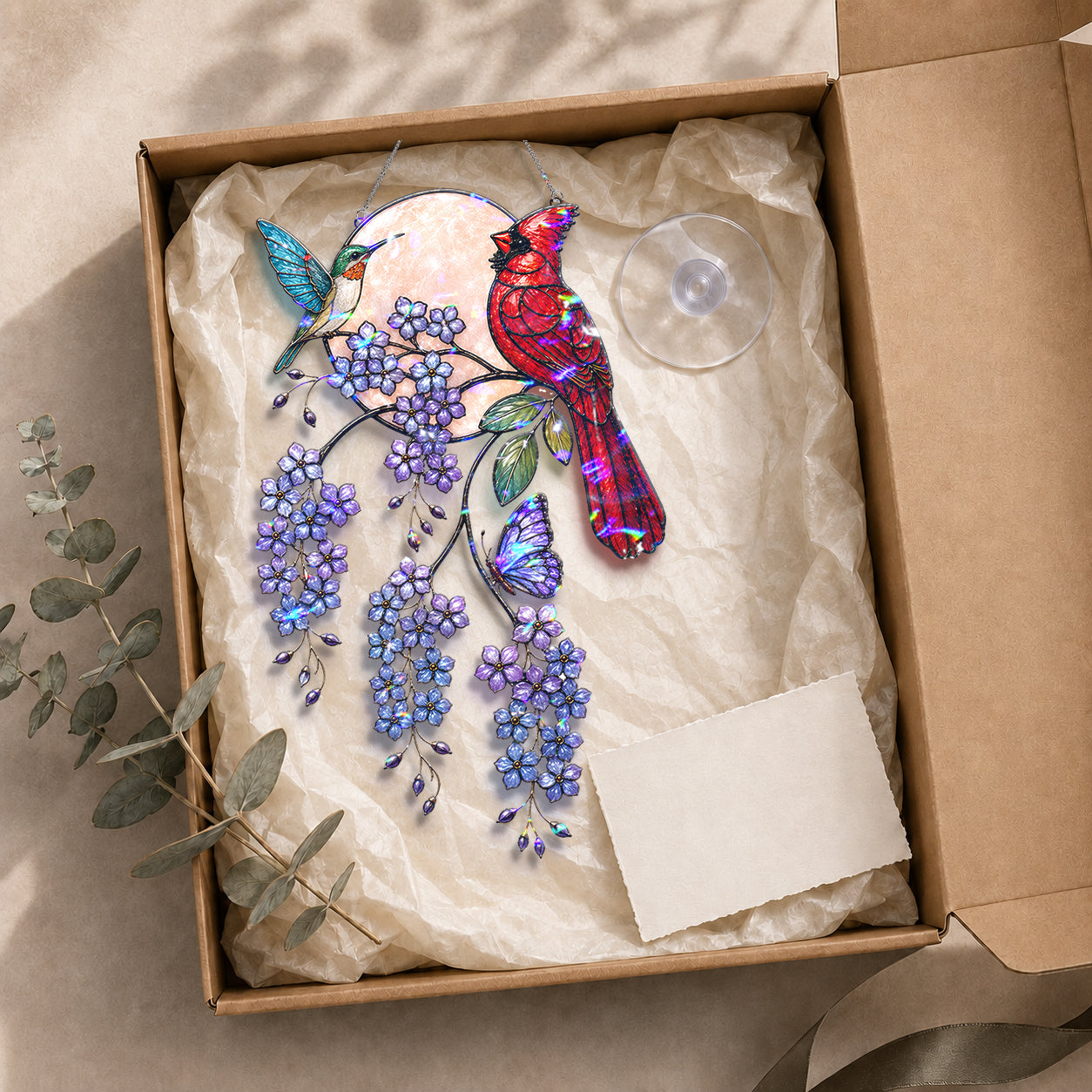 Cardinal & Hummingbird Forget-Me-Not Moon Holographic Acrylic Suncatcher