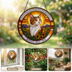 Cat memorial suncatcher shown in window garden and balcony settings