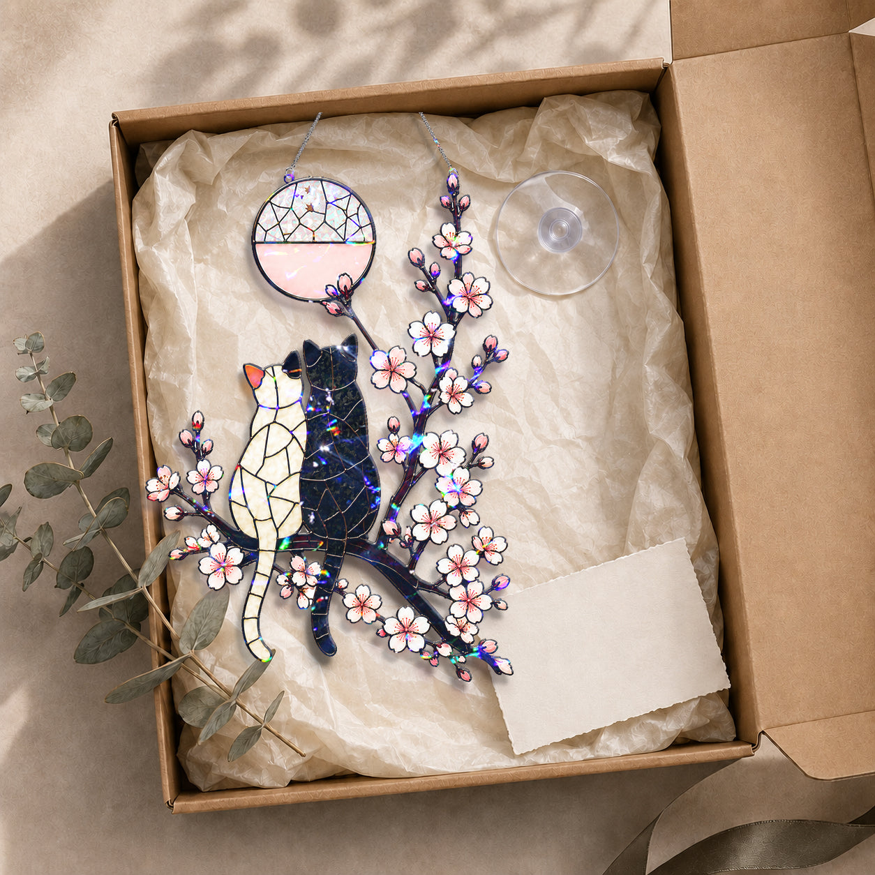 Cat Couple & Cherry Blossom Moon Holographic Acrylic Suncatcher