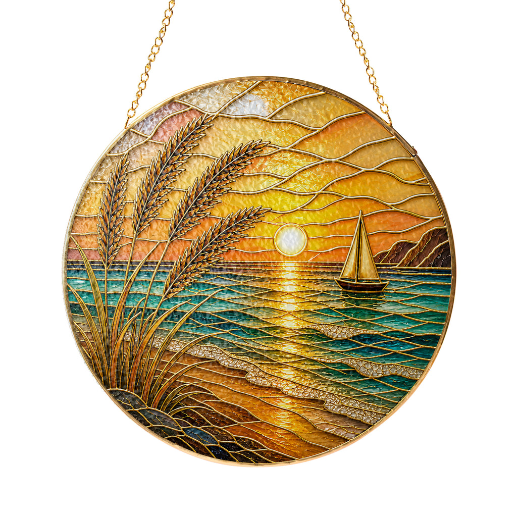 [PIXIWOO] Stained Glass Suncatcher Ocean Sunset Window Hanging Decor, Beach Sun Catcher Ornament with Sailboat, Coastal Wall Art for Window, Nautical Home Decor Gift for Beach Lovers