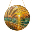[PIXIWOO] Stained Glass Suncatcher Ocean Sunset Window Hanging Decor, Beach Sun Catcher Ornament with Sailboat, Coastal Wall Art for Window, Nautical Home Decor Gift for Beach Lovers