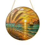 [PIXIWOO] Stained Glass Suncatcher Ocean Sunset Window Hanging Decor, Beach Sun Catcher Ornament with Sailboat, Coastal Wall Art for Window, Nautical Home Decor Gift for Beach Lovers