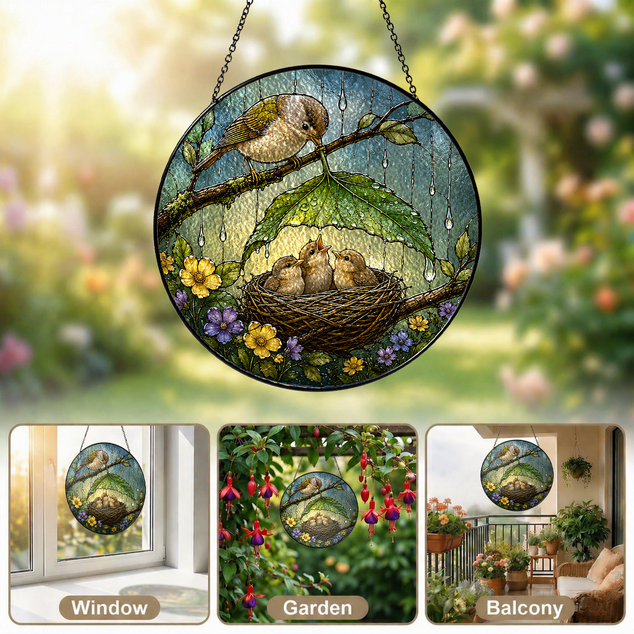 Bird Family Leaf Umbrella Stained Glass Suncatcher