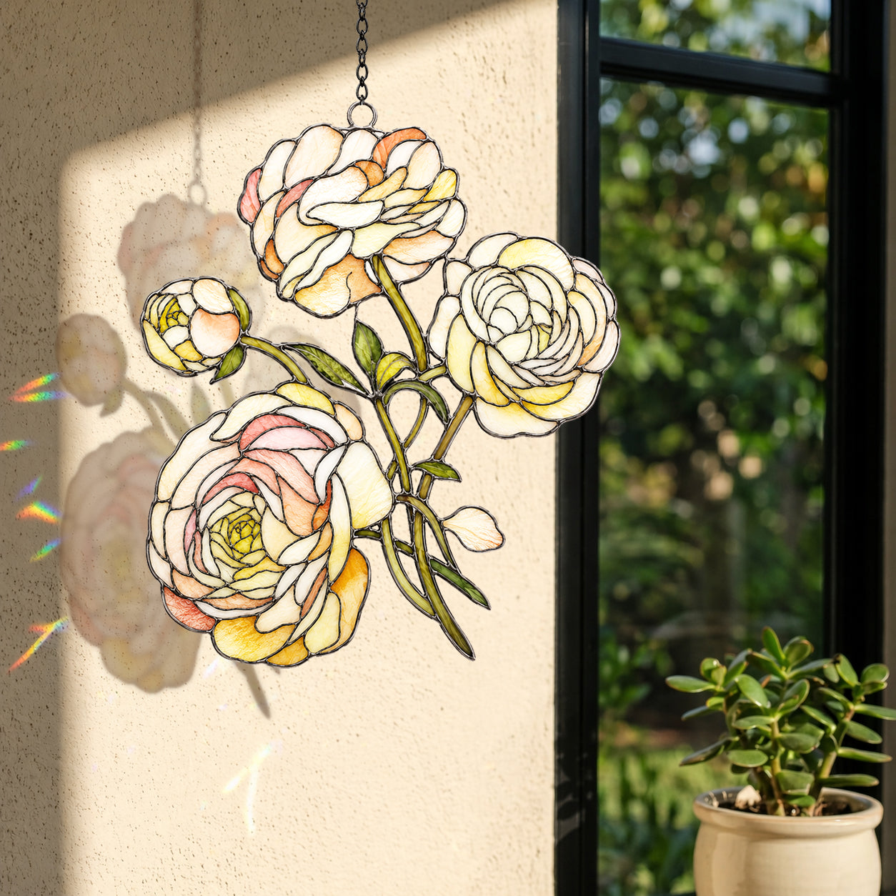 Peach Ranunculus Flower Holographic Acrylic Suncatcher
