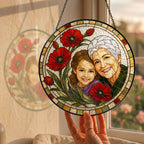 Personalized Photo Grandma Suncatcher – Custom Portrait &amp; Poppies Stained Glass Window Hanging