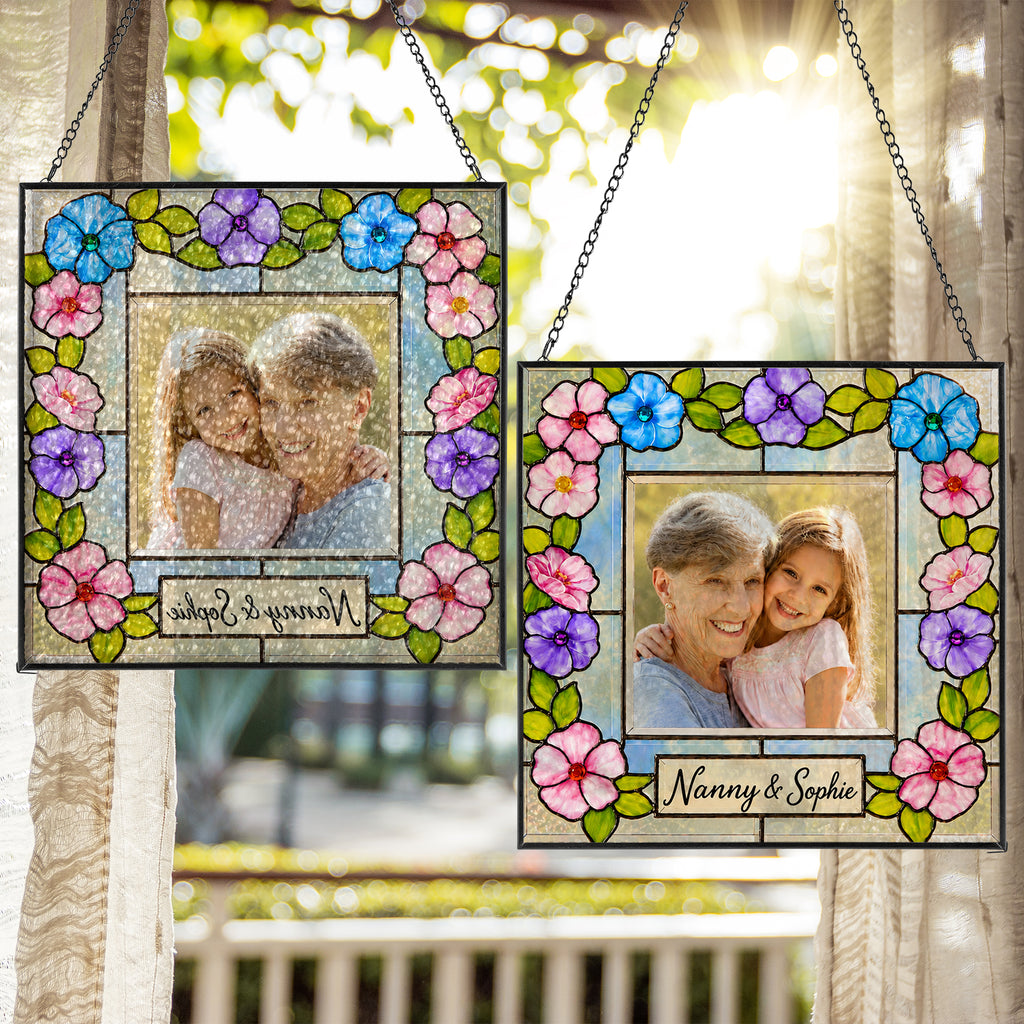 Personalized Photo Suncatcher – Custom Name Floral Frame Stained Glass Window Hanging