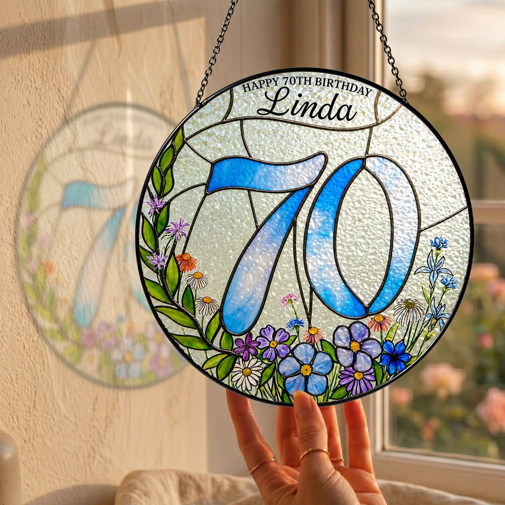 Personalized 70th Birthday Suncatcher – Custom Name Wildflower Stained Glass Gift
