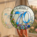 Personalized 70th Birthday Suncatcher – Custom Name Wildflower Stained Glass Gift