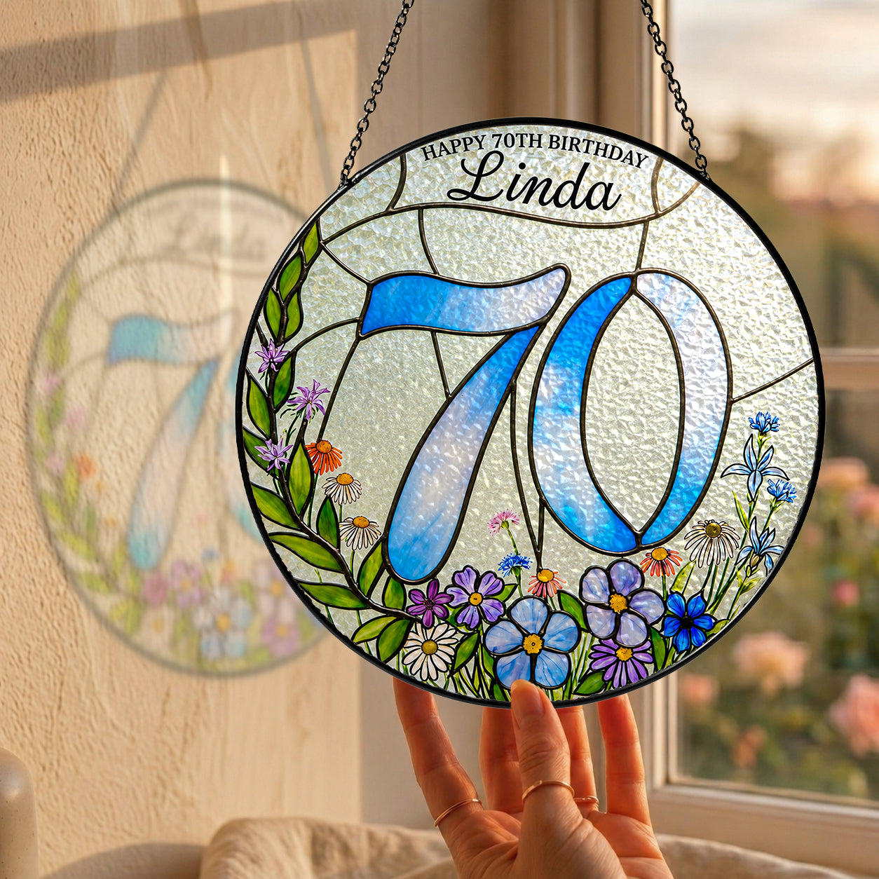 Personalized 70th Birthday Suncatcher – Custom Name Wildflower Stained Glass Gift