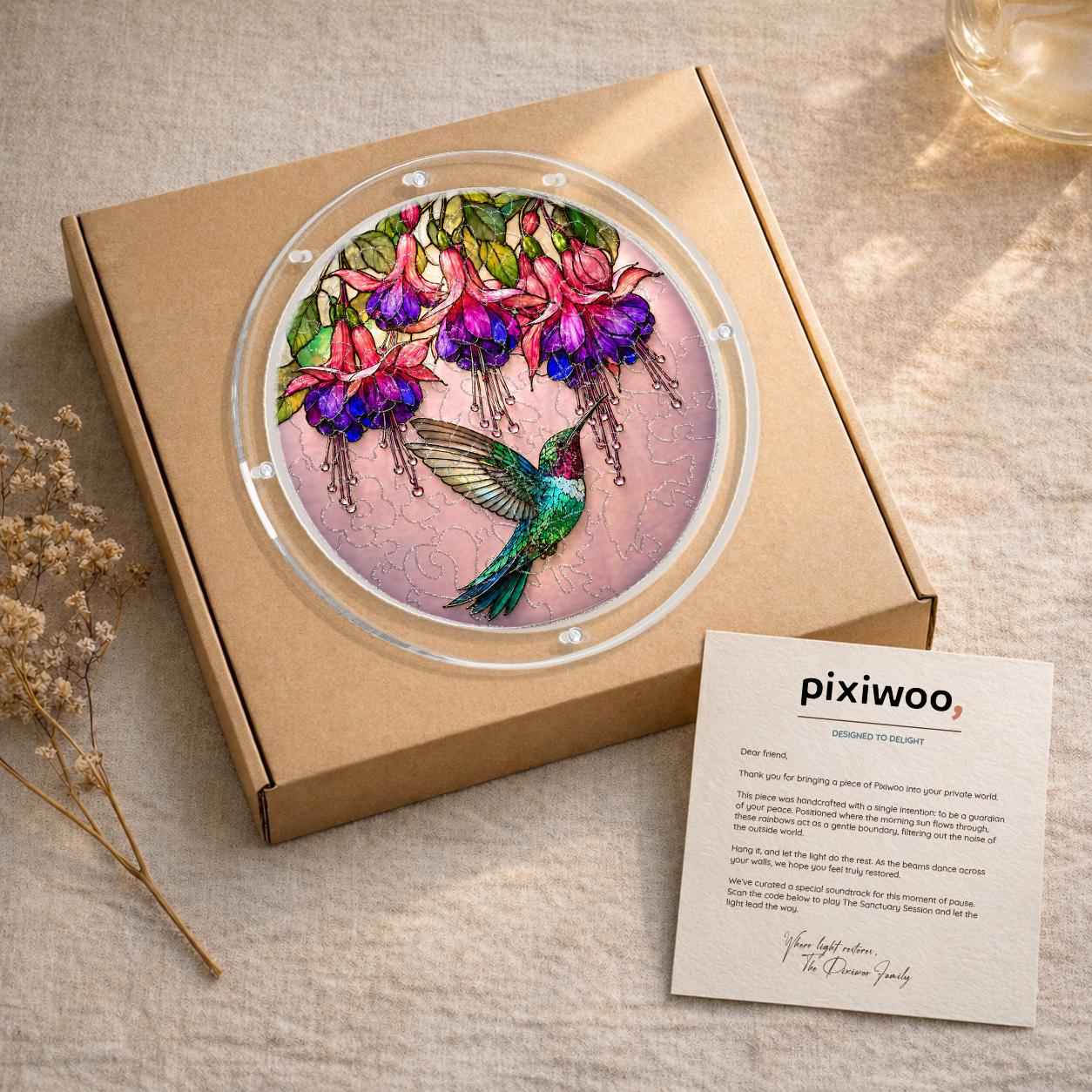 Hummingbird fuchsia puzzle suncatcher hanging by a sunlit garden window