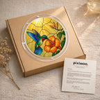 Hummingbird hibiscus puzzle suncatcher hanging by a sunlit garden window